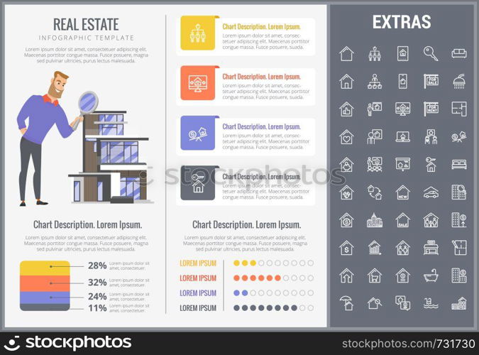 Real estate infographic template, elements and icons. Infograph includes customizable graphs, charts, line icon set with real estate agent, architecture engineering, investment broker, realtor etc.. Real estate infographic template, elements, icons.