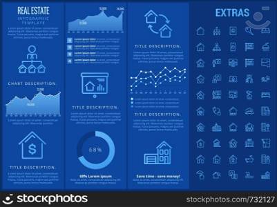 Real estate infographic template, elements and icons. Infograph includes customizable graphs, charts, line icon set with real estate agent, architecture engineering, investment broker, realtor etc.. Real estate infographic template, elements, icons.