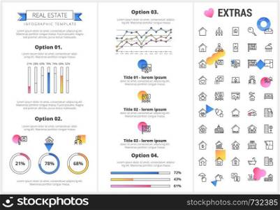 Real estate infographic template, elements and icons. Infograph includes customizable graphs, options, line icon set with real estate agent, architecture engineering, investment broker, realtor etc.. Real estate infographic template, elements, icons.