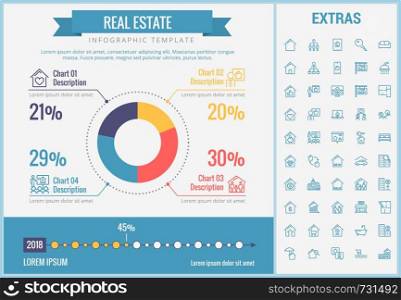 Real estate infographic template, elements and icons. Infograph includes customizable pie chart, graph, line icon set with real estate agent, architecture engineering, investment broker, realtor etc.. Real estate infographic template, elements, icons.