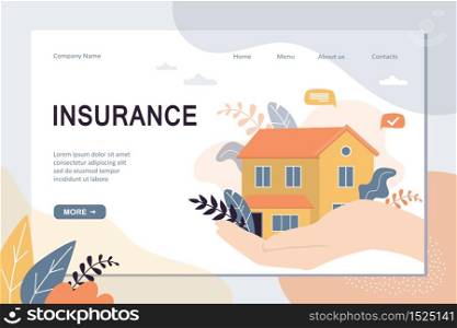 Real estate insurance landing page template. House on hand with care, concept background. Home security protection web banner. Trendy vector illustration
