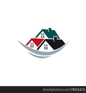 Real estate isolated houses. Vector red and green roof of cottage house, construction company logo. Construction of houses logo, real estate