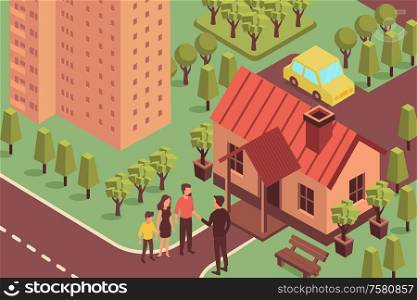 Real estate isometric composition with outdoor scenery living houses trees and characters of realtor with clients vector illustration