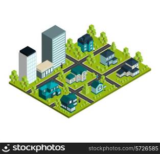 Real estate isometric concept with 3d city district and rental houses vector illustration