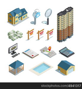 Real Estate Isometric Icons Collection . Real estate property land swimming pool and buildings for sale isometric icons set abstract isolated vector illustration
