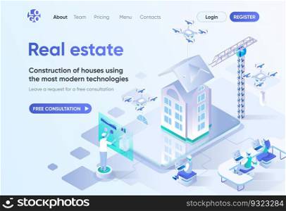 Real estate isometric landing page. Modern construction technology, design and engineering. Investment in real estate template for CMS and website builder. Isometry scene with people characters.