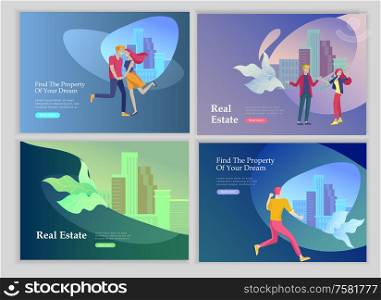 Real Estate Landing Page template. Investment in Property, happy people buying or renting Apartments, house. Online Booking, rent discounts, succes deal. Vector illustration with cartoon people. Real Estate Landing Page template. Investment in Property, happy people buying or renting Apartments, house. Online Booking, rent discounts, succes deal. Vector illustration with cartoon