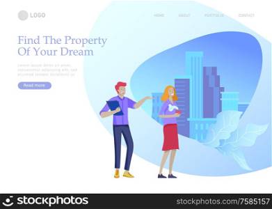 Real Estate Landing Page template. Investment in Property, happy people buying or renting Apartments, house. Online Booking, rent discounts, succes deal. Vector illustration with cartoon people. Real Estate Landing Page template. Investment in Property, happy people buying or renting Apartments, house. Online Booking, rent discounts, succes deal. Vector illustration with cartoon