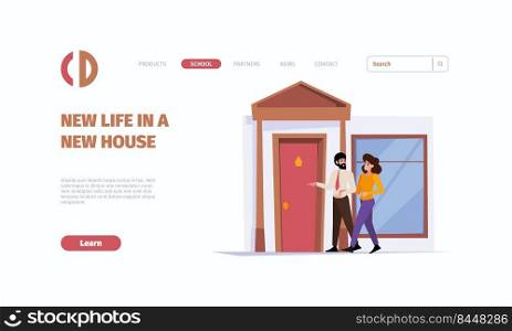 Real estate landing. People invest money to new house rental agents building realtor garish vector web page template. Illustration of investment in house, home property. Real estate landing. People invest money to new house rental agents building realtor garish vector web page template