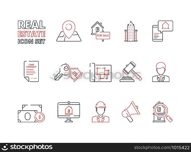 Real estate line icon. Building sale house realty business homeowner vector colored thin symbols. Illustration of building realty, house and key illustration. Real estate line icon. Building sale house realty business homeowner vector colored thin symbols