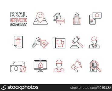 Real estate line icon. Building sale house realty business homeowner vector colored thin symbols. Illustration of building realty, house and key illustration. Real estate line icon. Building sale house realty business homeowner vector colored thin symbols