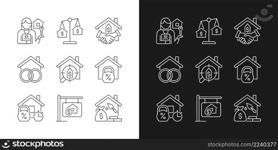Real estate linear icons set for dark, light mode. Home and construction mortgage. Property purchasing. Asset insurance. Thin line symbols for night, day theme. Isolated illustrations. Editable stroke. Real estate linear icons set for dark, light mode