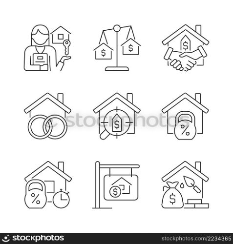 Real estate linear icons set. Home and construction mortgage. Property purchasing. Asset insurance. Customizable thin line symbols. Isolated vector outline illustrations. Editable stroke. Real estate linear icons set