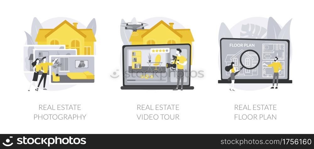 Real estate listing services abstract concept vector illustration set. Real estate photography, video tour and floor plan, realty agency advertisement, open house, virtual staging abstract metaphor.. Real estate listing services abstract concept vector illustrations.
