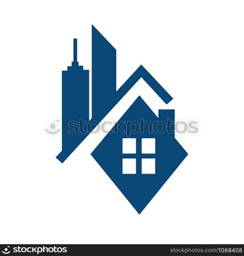 Real estate logo concept illustration. Building logo in classic graphic style. Cityscape logo.