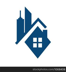 Real estate logo concept illustration. Building logo in classic graphic style. Cityscape logo.