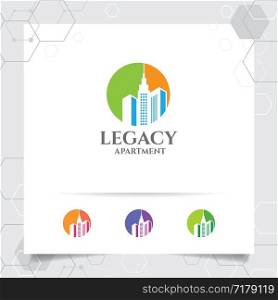 Real estate logo design concept of apartment icon and building. Property logo vector for construction, contractor, residence and city scape.