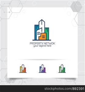 Real estate logo design concept of apartment icon and building. Property logo vector for construction, contractor, residence and city scape.