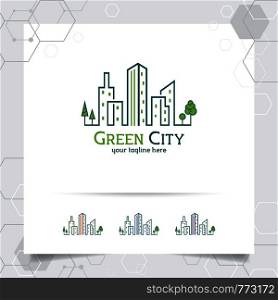 Real estate logo design concept of green city building illustration. Property logo vector for construction, contractor, residence and city scape.