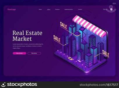 Real estate market banner. Online service for search house and apartments for sale or rent. Vector landing page with isometric city buildings and skyscrapers on laptop screen. Vector banner of online real estate market