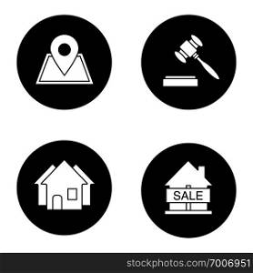 Real estate market glyph icons set. Building location, house for sale, gavel, three houses. Vector white silhouettes illustrations in black circles. Real estate market glyph icons set