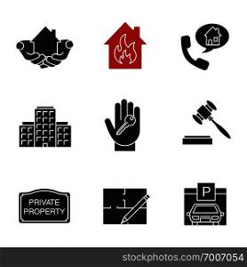 Real estate market glyph icons set. Silhouette symbols. House in hands, multi-storey building, floor plan, parking place, private property sign, gavel, hand with key. Vector isolated illustration. Real estate market glyph icons set