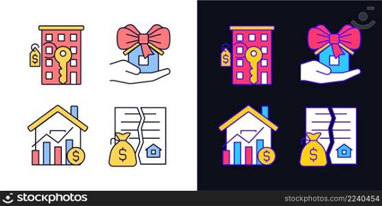 Real estate market light and dark theme color icons set. Property sale. Apartment purchasing. Home donation. Simple filled line drawings. Bright cliparts on white and black. Editable stroke. Real estate market light and dark theme color icons set