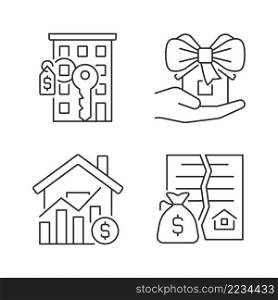 Real estate market linear icons set. Property sale. Apartment purchasing. Home donation. Realty price. Customizable thin line symbols. Isolated vector outline illustrations. Editable stroke. Real estate market linear icons set