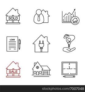 Real estate market linear icons set. Sold house, broker, loan agreement, cottage, floor plan, house for sale, chart, homebuyer. Thin line contour symbols. Isolated vector outline illustrations. Real estate market linear icons set