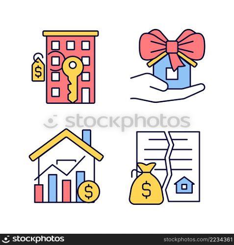 Real estate market RGB color icons set. Property sale. Apartment purchasing. Home donation. Realty price. Isolated vector illustrations. Simple filled line drawings collection. Editable stroke. Real estate market RGB color icons set