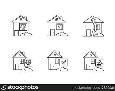 Real estate matters pixel perfect linear icons set. Tenancy legal dispute. Property litigation, trial. Customizable thin line contour symbols. Isolated vector outline illustrations. Editable stroke