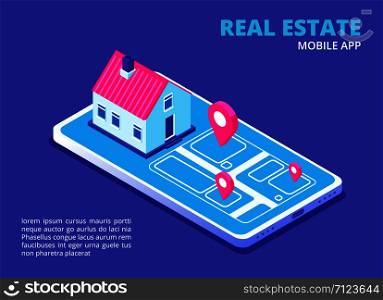 Real estate mobile app. Isometric house on cellphone screen. Search house technology for phone application. Vector concept. Illustration of building home on mobile screen isometric. Real estate mobile app. Isometric house on cellphone screen. Search house technology for phone application. Vector concept
