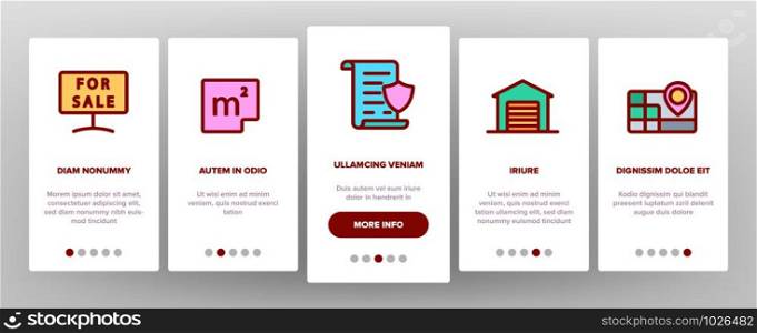 Real Estate Onboarding Mobile App Page Screen Vector Icons Set . Building And House, Map And Plan, Garage And Swimming Pool Real Estate Concept Linear Pictograms. Contour Illustrations. Real Estate Elements Vector Onboarding