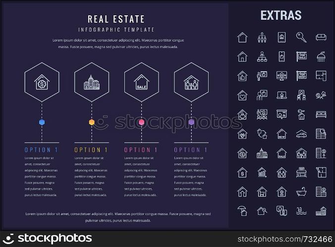 Real estate options infographic template, elements and icons. Infograph includes line icon set with real estate agent, architecture engineering, investment broker, family house, property sale etc.. Real estate infographic template, elements, icons.