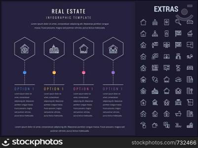 Real estate options infographic template, elements and icons. Infograph includes line icon set with real estate agent, architecture engineering, investment broker, family house, property sale etc.. Real estate infographic template, elements, icons.
