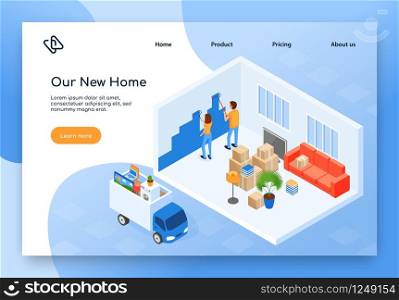 Real Estate or Construction Company, Home Moving Service Isometric Vector Web Banner, Landing Page. Couple Painting Wall in Their New House or Apartment After Relocation, Truck with Stuff Illustration