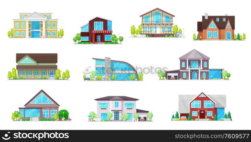 Real estate private buildings vector icons. Isolated villas, cottages and bungalow. Cartoon modern, classic design residential homes, village real estate townhouses residence apartments, property set. Real estate private buildings vector icons set