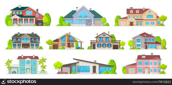 Real estate private buildings, villas, cottages and bungalow exterior cartoon icons. Vector residential homes, village real estate townhouses residence apartments, city private living property. Private buildings vector real estate