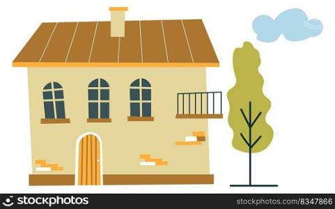 Real estate property building for living, isolated house in rural area or countryside with garden or forest. Structure for sale, planning and buying cottage in village or small town. Vector in flat. House in rural area or countryside, cottage home