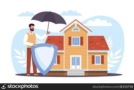 Real estate protection and insurance for your home. Security safety system for building, man hold shield and umbrella. Protect property from accident. Cartoon flat style illustration. Vector concept. Real estate protection and insurance for your home. Security safety system for building, man hold shield and umbrella. Protect property from accident. Cartoon flat illustration. Vector concept