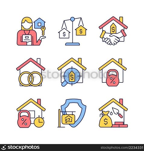 Real estate RGB color icons set. Home and construction mortgage. Property purchasing. Asset insurance. Isolated vector illustrations. Simple filled line drawings collection. Editable stroke. Real estate RGB color icons set