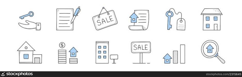 Real estate sale, rent and mortgage icons. Vector doodle symbols with house, keys on hand, magnifier, sale sign and contract. Concept of search and purchase property, rental residential buildings. Real estate sale, house rent and mortgage icons