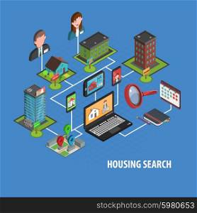Real estate search concept with isometric notebook and houses icons vector illustration. Real Estate Search