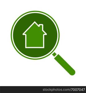 Real estate search glyph color icon. Looking for apartment. House hunt. Magnifying glass with building inside. Silhouette symbol on white background. Negative space. Vector illustration. Real estate search glyph color icon