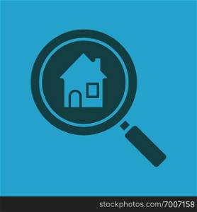 Real estate search glyph color icon. Silhouette symbol. Find house for rent. Magnifying glass with home. Negative space. Vector isolated illustration. Real estate search glyph color icon