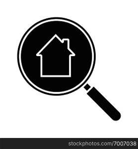 Real estate search glyph icon. House hunt silhouette symbol. Magnifying glass with building inside. Negative space. Vector isolated illustration. Real estate search glyph icon