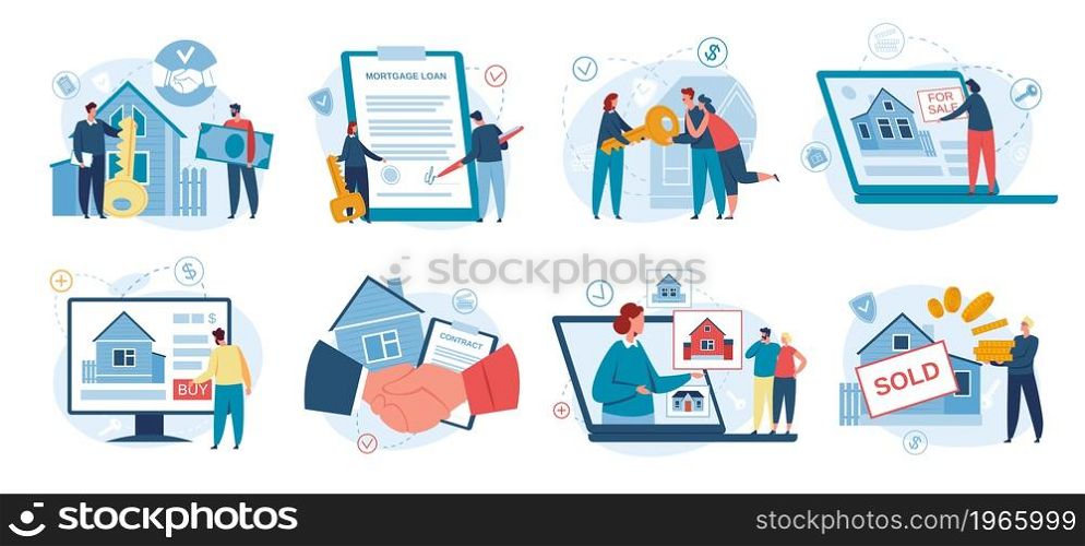Real estate search, online property market, mortgage loan. Family buying house or renting apartment, virtual housing tour concept vector set. People signing documents, agents showing apartment