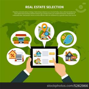 Real Estate Selection Concept. Flat design real estate online selection concept on green background with world map vector illustration