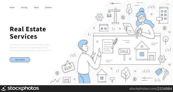 Real estate services banner for sale and rent property. Vector landing page of rental and purchase residential buildings with doodle illustration of man buy house from realtor holding keys. Real estate services for sale and rent property