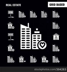 Real Estate Solid Glyph Icon Pack For Designers And Developers. Icons Of Real Estate, Help, Home, House, Info, Real Estate, Vector